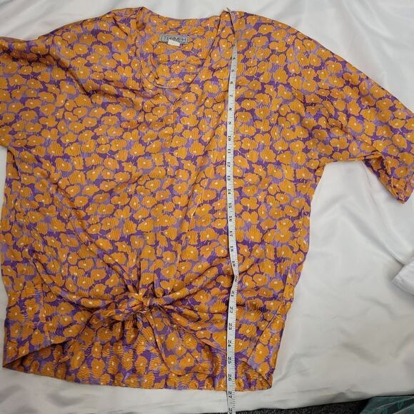VINTAGE orange floral purple tie front short sleeve‎ blouse M - Picture 9 of 9